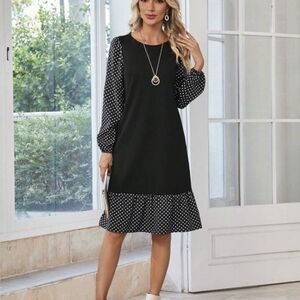 Emery Rose Elegant Black Polka Dot Dress Large